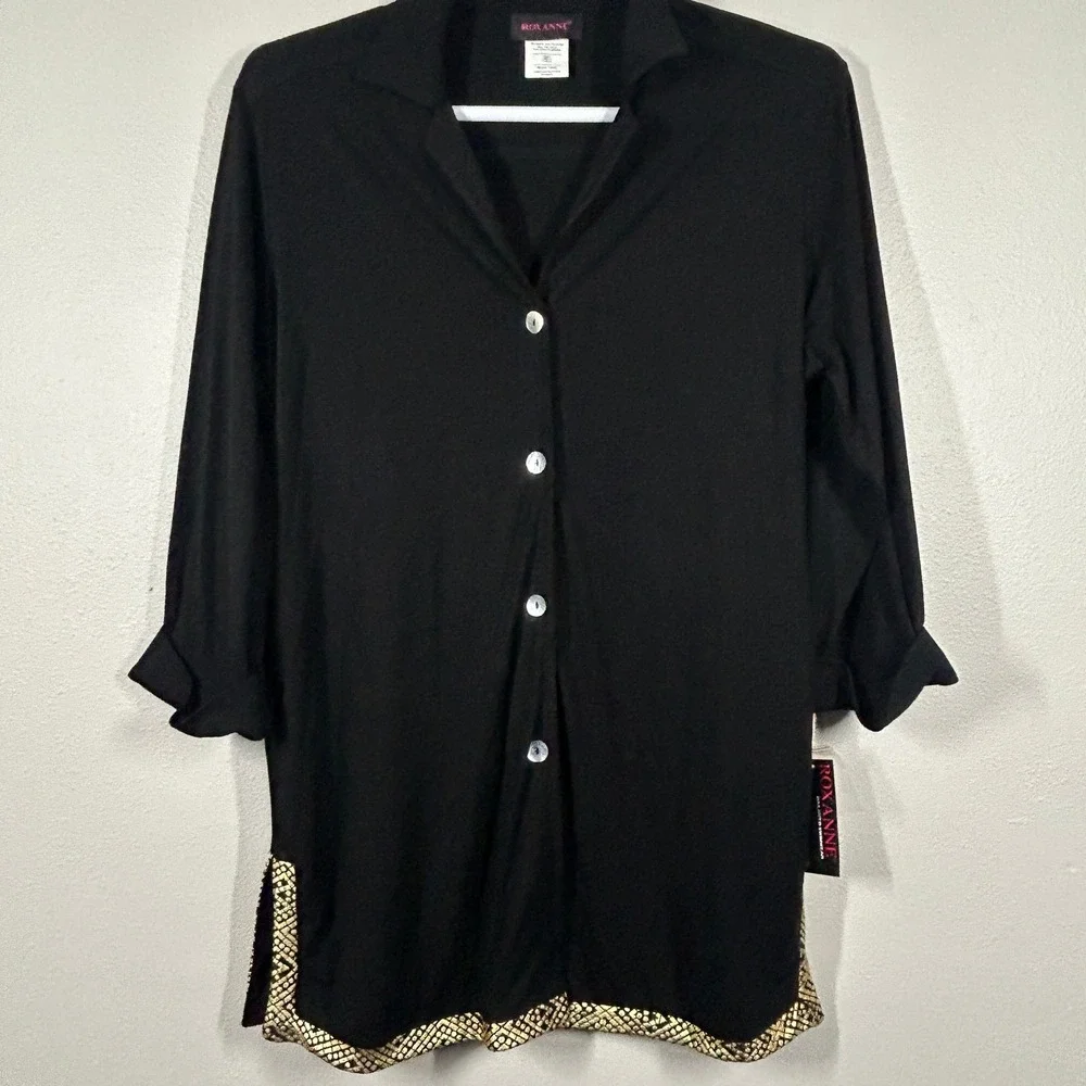 Roxanne Black Gold Trim Button Front 3/4 Sleeve Tunic Swim Cover Up Dress M/L